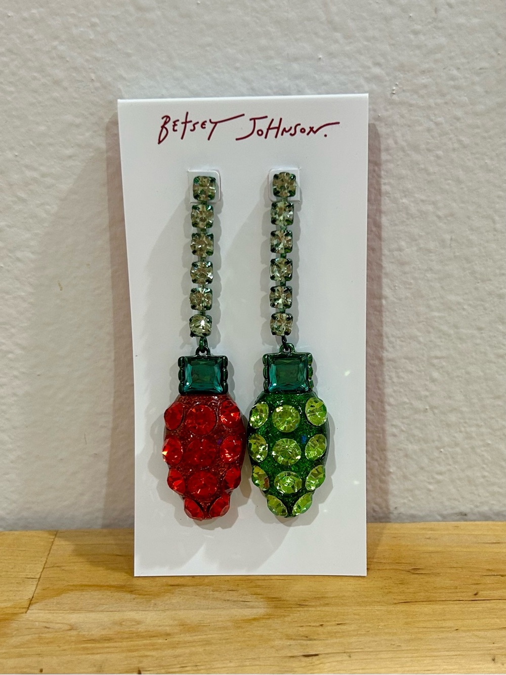 Betsey Johnson Mismatched Christmas Lights Dangle Earrings Red Green Crystal